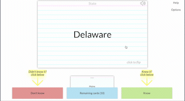 css card animation, a mouse clicks on a flashcard with state capitals and they flip to reveal the associated states