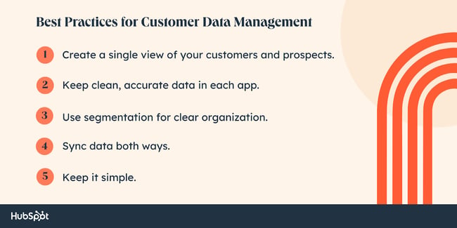بهترین شیوه های مدیریت داده های مشتری؛  یک نمای واحد ایجاد کنید، داده ها را تمیز نگه دارید، از تقسیم بندی استفاده کنید، داده ها را همگام سازی کنید، آن را ساده نگه دارید