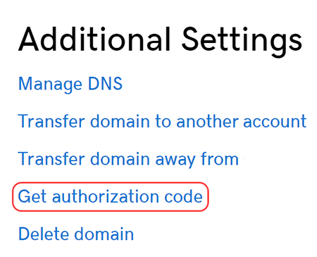 GoDaddy's Additional Settings menu for requesting an authorization code