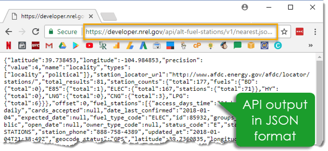 NREL’s Alternative Fuel Station’s API output in JSON