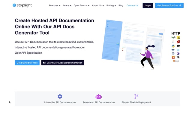 api documentation tool: Stoplight landing page details api docs generator tool and its features