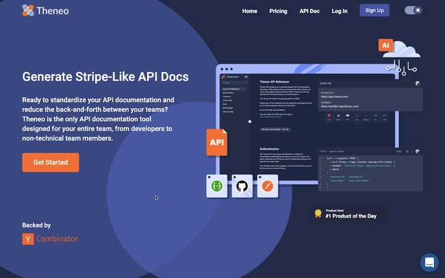 api documentation tool: Theneo landing page with value proposition "Generate Stripe-like API docs"