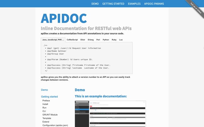 api documentation tool: apiDoc landing page includes demo and examples