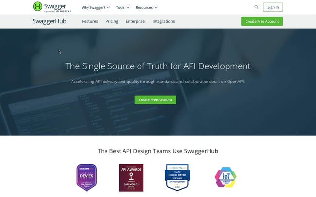 api documentation tool: SwaggerHub homepage features CTA to create free account