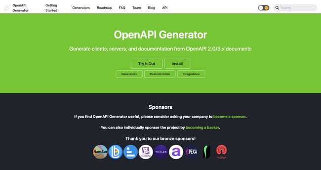 api documentation tool: OpenAPI Generator landing page features CTA to try it out