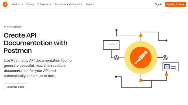 api documentation tool: Postman landing page invites visitors to read the docs