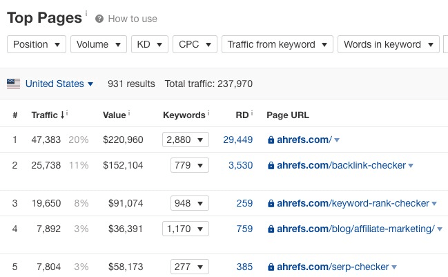 check website traffic: Ahrefs dashboard showing pages that drive most organic traffic to website