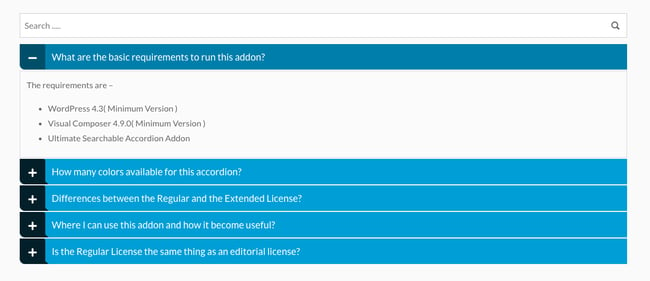 Accordion FAQ WordPress plugin: Utlimate Searchable Accordion example with black and blue color scheme