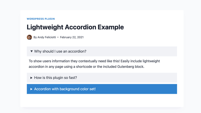 WordPress Accordion Plugins: Lightweight accordion example with three dropdown items