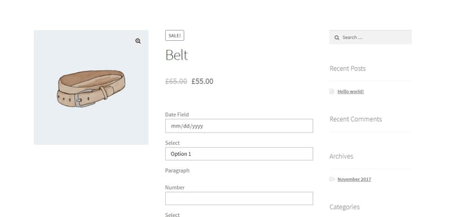 Product page with custom fields added via WooCommerce Custom Product Addons plugin
