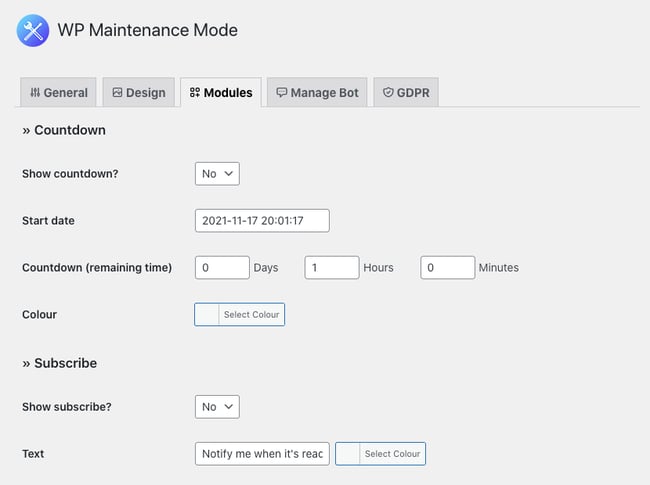 How to Put WordPress in Maintenance Mode with a Plugin: configure Modules tab of WP maintenance mode plugin