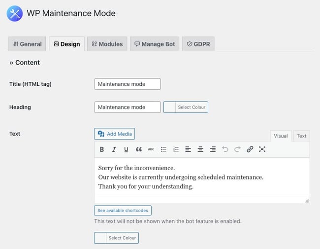 How to Put WordPress in Maintenance Mode with a Plugin: configure design tab of WP Maintenance mode plugin