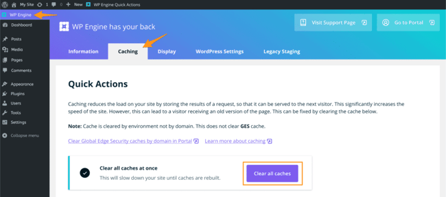 Click clear cache in WP Engine plugin page to troubleshoot WordPress Maintenance Mode Not Working