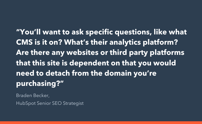 quote card detailing Braden Becker's advice to ask what tech stack a website you're interested in acquiring is on