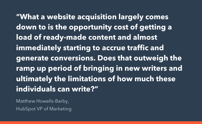 quote card detailing Mattew Howell-Barby's explanation of opportunity cost of a website acquisition