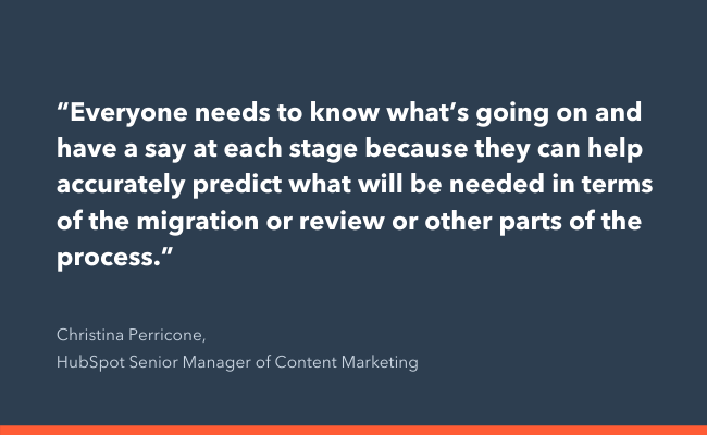 quote card detailing Christina Perricone's emphasis on aligning stakeholders throughout a website acquisition