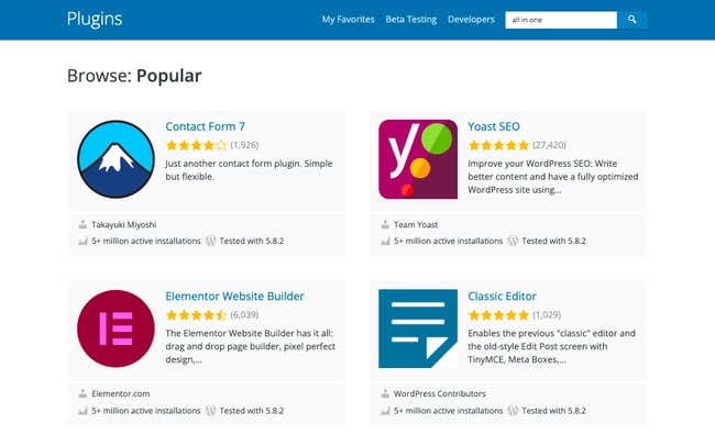 WordPress plugin directory showing Yoast SEO at top because of number of installations and five star ratings