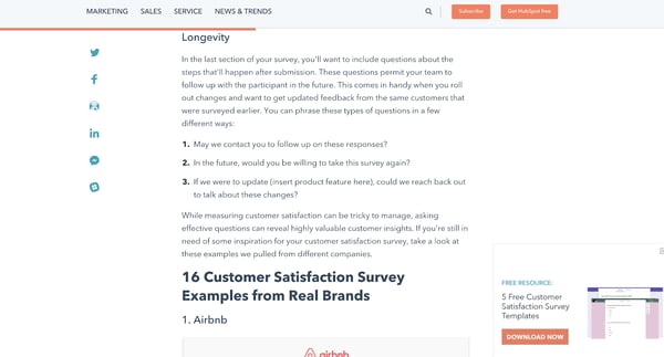email capture, pop-up offering customer satisfaction survey templates on a post about customer satisfaction surveys
