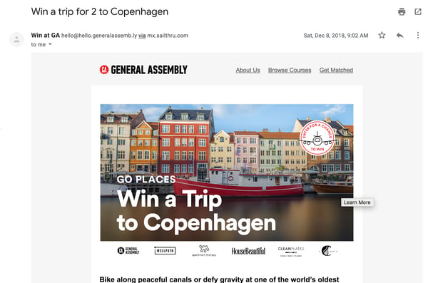 email capture tool, giveaway email offering a trip to Copenhagen