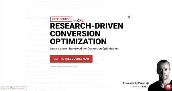 email capture, pop-up connected the ConversionXL blog offering a escaped people connected conversion optimization