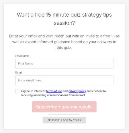 email capture sign-up form for a free quiz strategy session