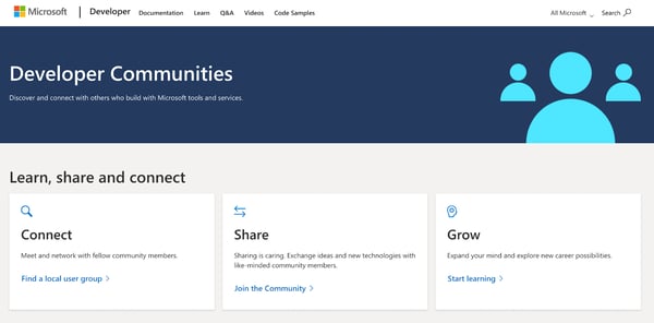 Empathetic marketing example — The landing page for Microsoft’s developer communities which houses several online communities for developers to connect and learn from one another.