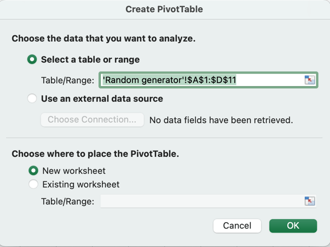 how to create a pivot table in excel: creation dialog