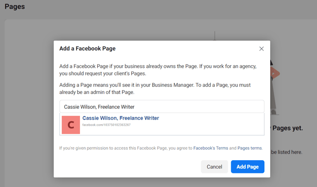 how to use facebook meta business manager: page search popup