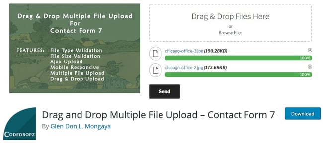 download page for the wordpresss file upload plugin drag and drop multiple file upload for contact form seven