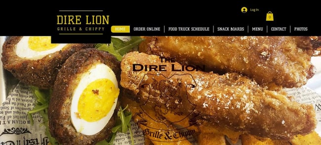 Food truck website design example from the Dire Lion.