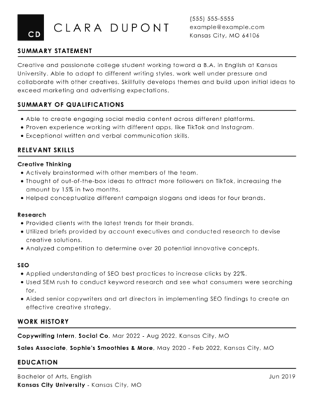 Functional resume example for an intern resume
