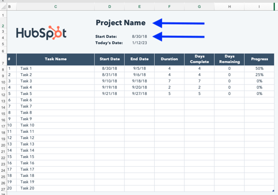 how to make a gantt chart: step 1 - update project name and start date