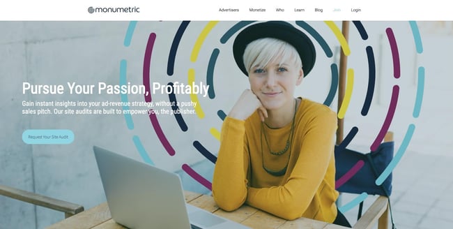 the homepage for the AdSense alternative monumetric