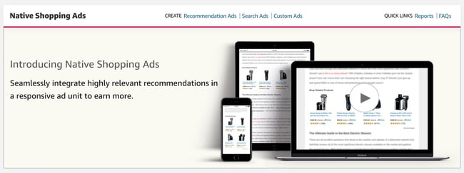 the homepage for the AdSense alternative Amazon NAtive Shopping Ads