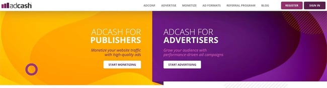 the homepage for the AdSense alternative AdCash