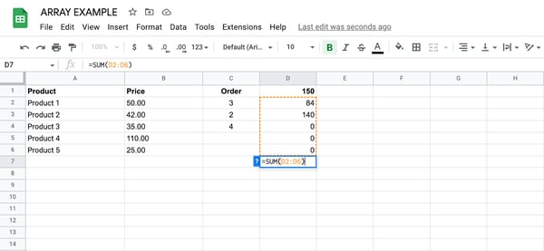 how to use array formula in google sheets example, step 4: enter formula in D7