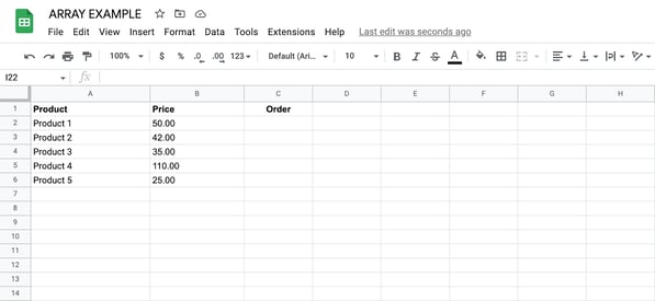 how to use array formula in google sheets example, step 1: create your spreadsheet