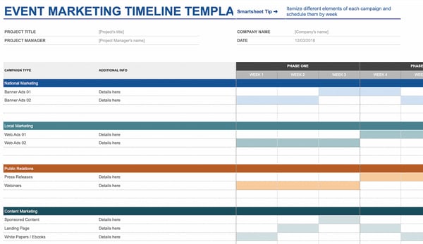 event marketing timeline template for Google sheets