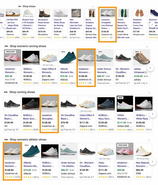 تبلیغات گوگل، کفش های کتانی lululemon