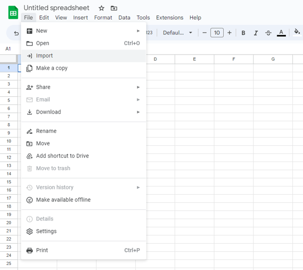 Go to Google Sheets and hit File, Import.