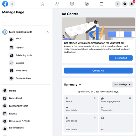 facebook ads manager homepage and layout