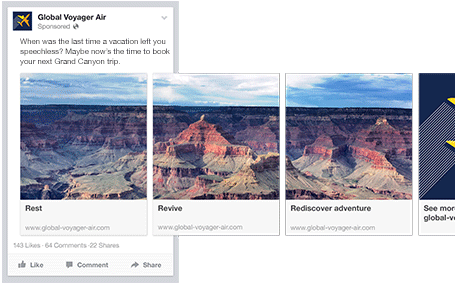 A depiction of a Facebook Carousel Ad featuring photos of the Grand Canyon