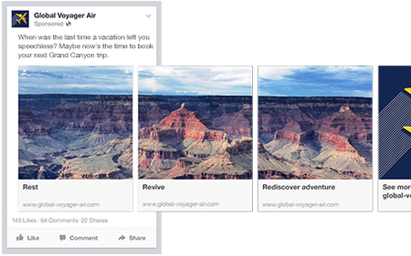 Ejemplo de un anuncio de carrusel de Facebook con imágenes del Gran Cañón