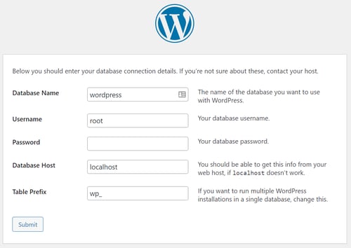 how to install wordpress, enter your database connection details for WordPress setup