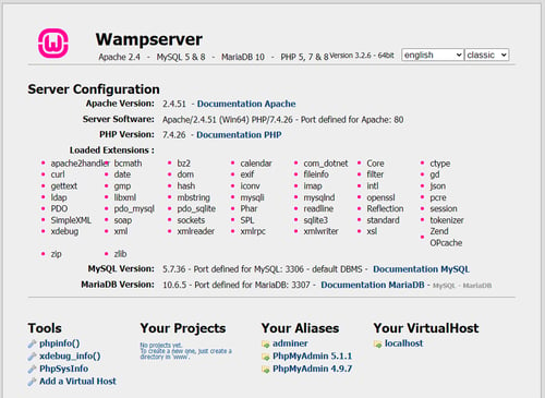  how to install wordpress, wampserver server configuration page, WordPress
