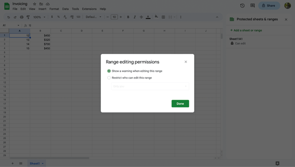 How to lock cells in google sheets, step 7: choose “show a warning when editing this range,” then select “done.”