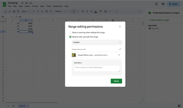 How to lock cells in google sheets, step 8: assign editors to cells and select “done.”