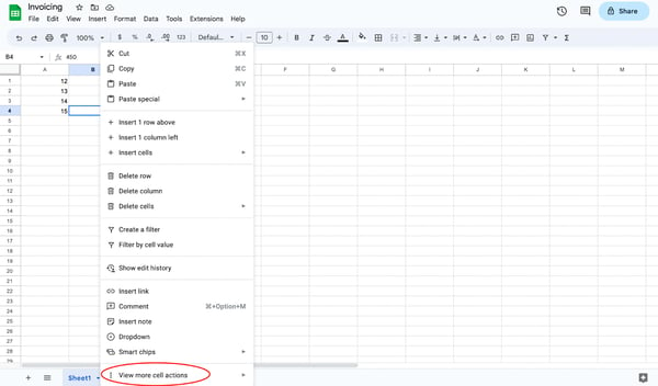 How to unlock cells in google sheets, step 2: hover over “view more cell actions.”