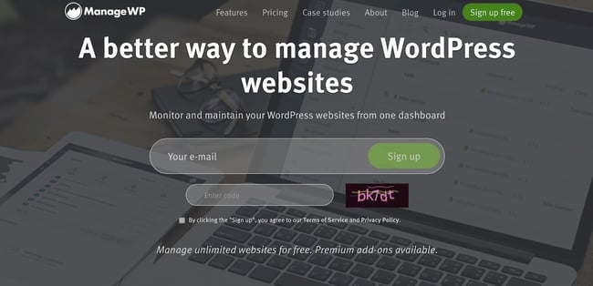 home page for the wordpress updates plugin managewp