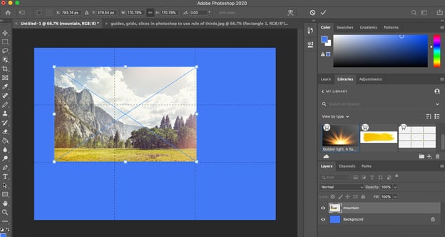 A complete rule of thirds grid in Photoshop with an image transposed on top of it.